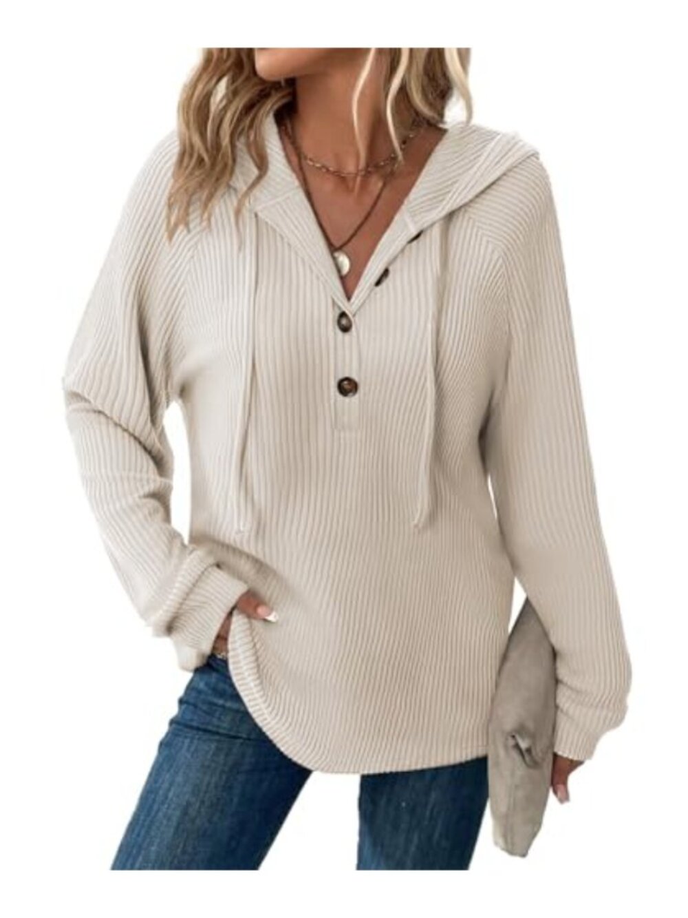 Fuzzy Rib Knit Hoodie Tunic Top Long Sleeve Drawstring Loose Fit